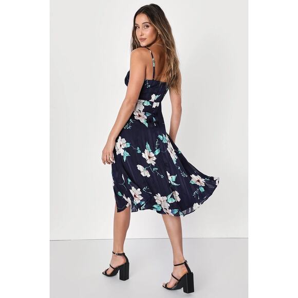 Lulus Navy Floral Midi Dress M Romantic Cottagecore Garden Party Slit cocktail - Picture 4 of 11